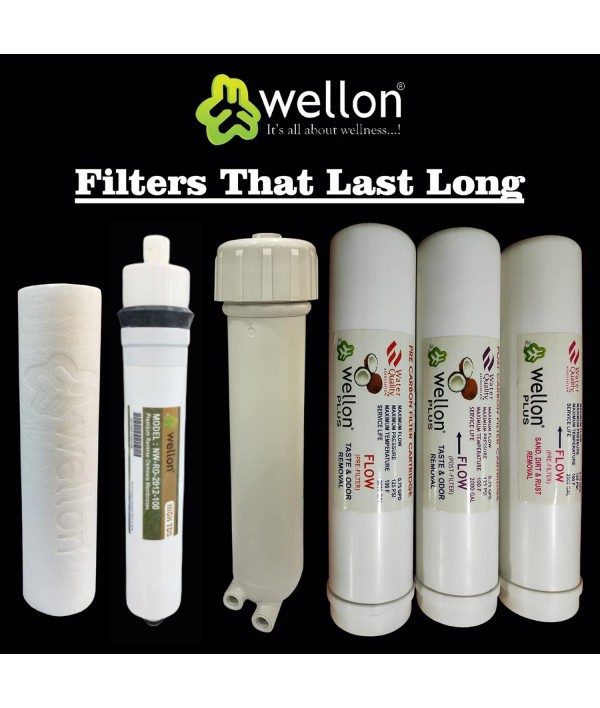 Wellon Replaceable Filter Kit (Inline Sediment, Inline Pre-Carbon, Inline Post Carbon, PP Sediment Filter, RO Membrane 100 GPD) Suitable for All Types of Water purifiers